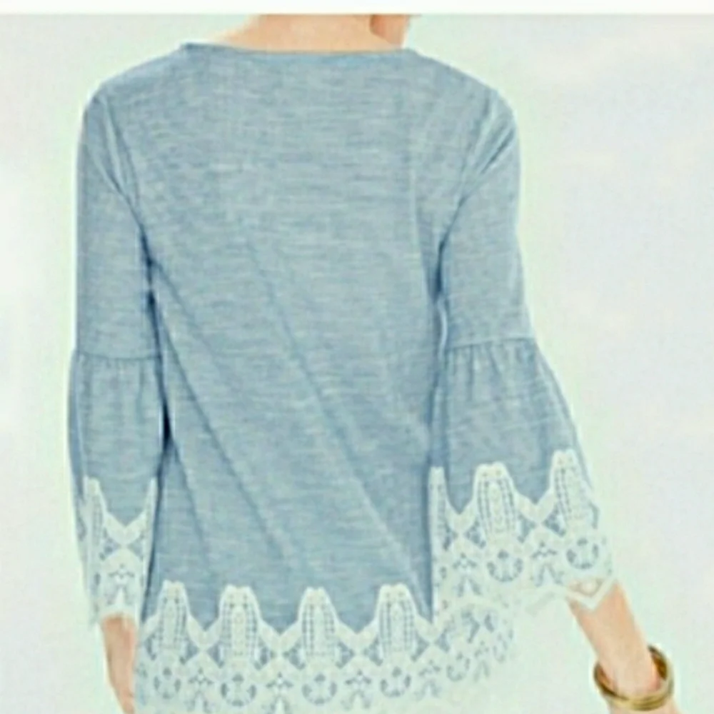 Chico's Top French Pinstripe Lantern Sleeve Blue White Stretch MED π¦RETAIL $89- - Picture 8 of 11